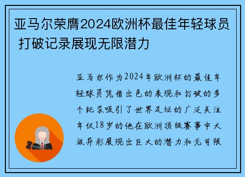 亚马尔荣膺2024欧洲杯最佳年轻球员 打破记录展现无限潜力